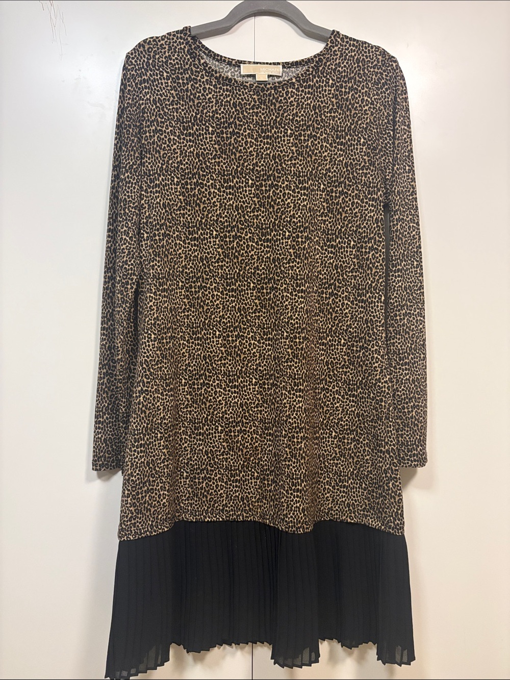 Michael Kors Leopard Print Long Sleeve Dress with Black Pleated Hem